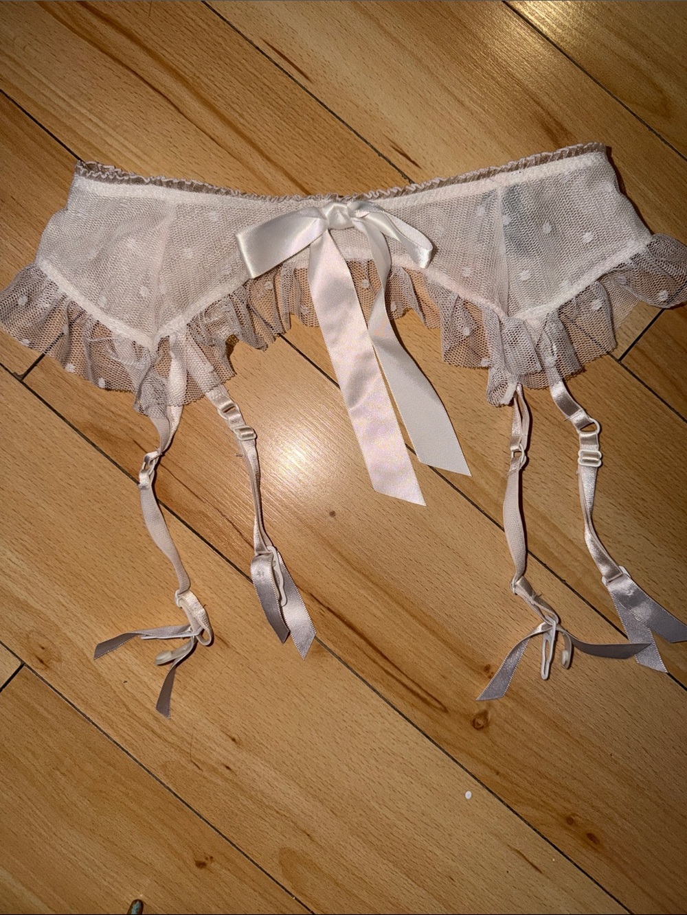 Xhilaration White Sheer Polka Dot Lace Garter Belt with Satin Bow